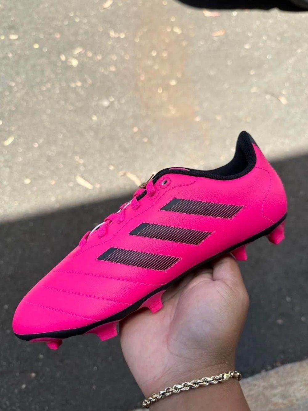 adidas Kids Hot Pink Soccer Cleats with Black Stripes